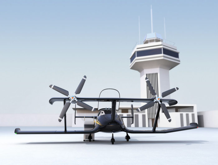 a photo of a 3D version of a Dubai Drone Taxi parked in front of a white establishment