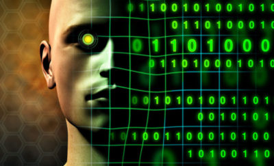 a photo of a cyborg with green machine eyes beside green binary numbers amid the reality of the Elon Musk Neural Link idea