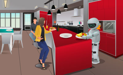Illustration of a robot serving food.