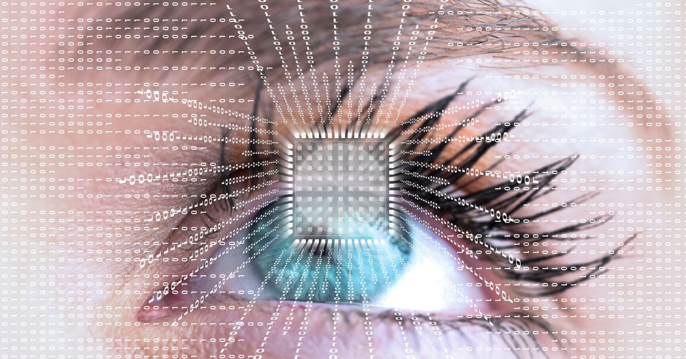 a photo of a futuristic eye with data and computer chip amid mankind's search for the cure for blindness