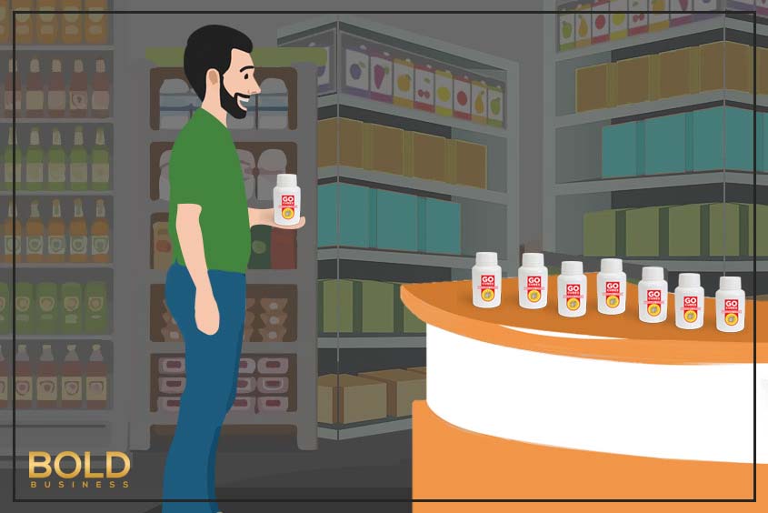 cartoon of a man buying Go Cubes for biohacking a cartoon of a man buying Go Cubes for biohacking