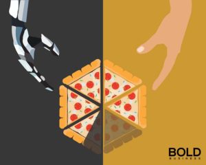 A picture of a robot hand and a human hand, making pizza.