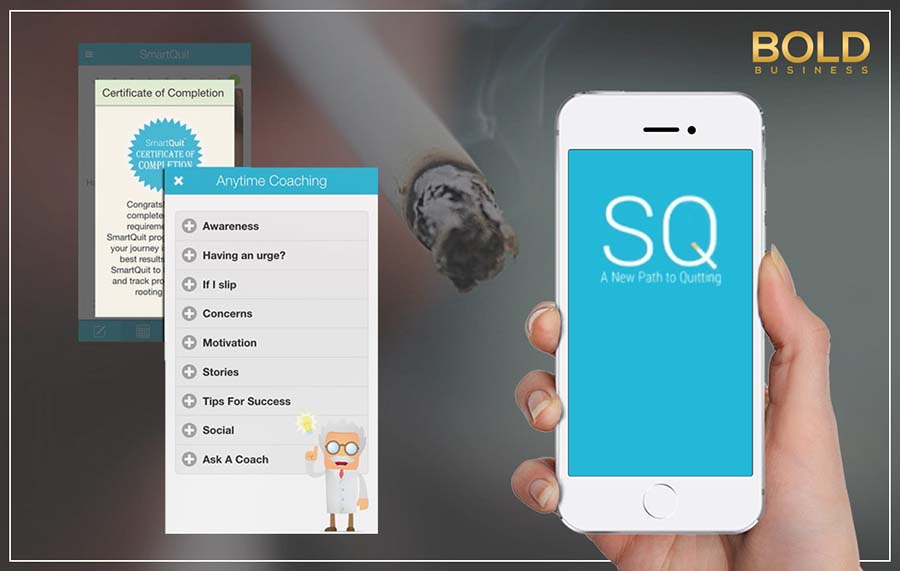 a photo containing images of the SmartQuit app pages beside a hand holding a smartphone with its screen open to the app's logo