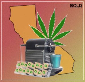 A coffee maker, and a marijuana leaf, with California in the back.