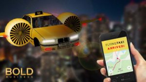 A taxi flying over the city, with a ride hailing app.