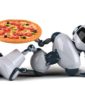 A robot holds a pizza.