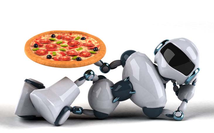 A robot holds a pizza.