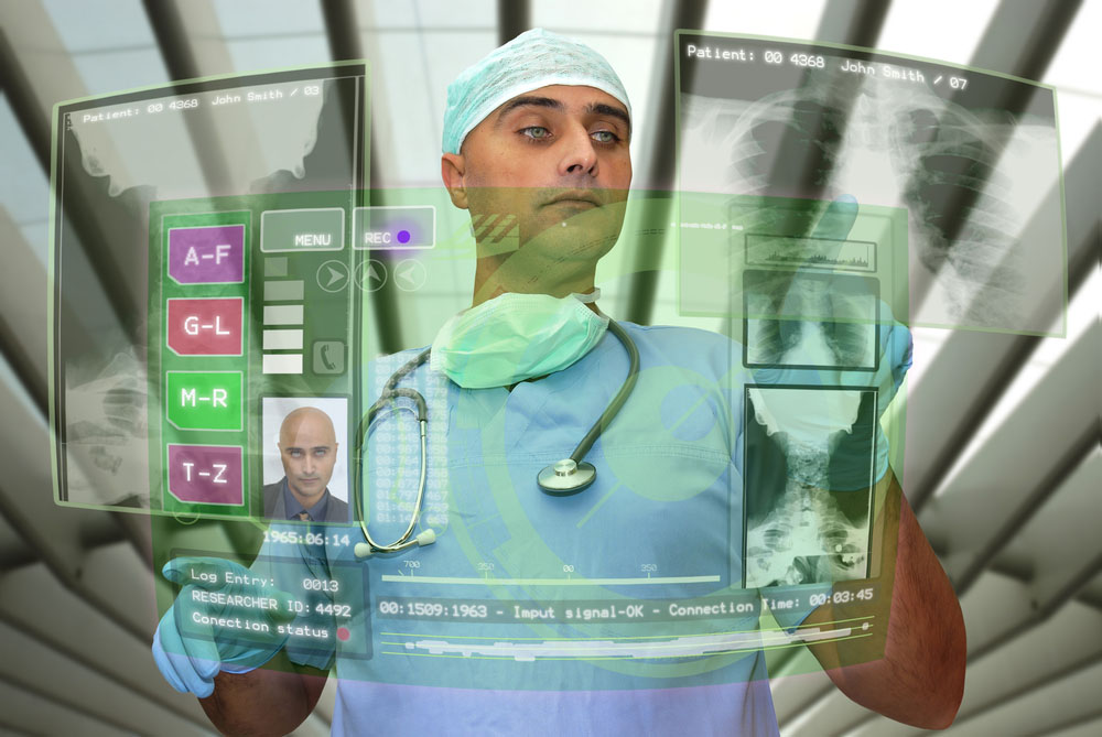 a photo of a doctor in a surgeon's suit manipulating a hologram screen of technological applications for the medical field amid the recently announced matter of the health innovation funding UK
