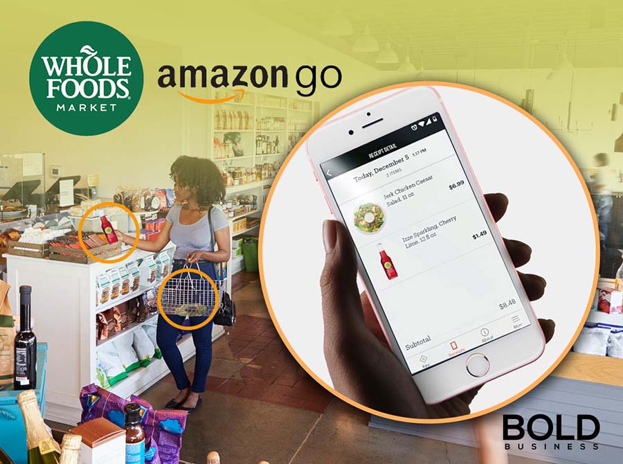 photo of a woman at an Amazon Go store picking up items on the shelves beside an image of a hand holding a phone with its screen open to the Amazon Go store amid the potential reality of Whole Foods using the Amazon cashierless store technology a photo of a woman at an Amazon Go store picking up items on the shelves beside an image of a hand holding a phone with its screen open to the Amazon Go store amid the potential reality of Whole Foods using the Amazon cashierless store technology