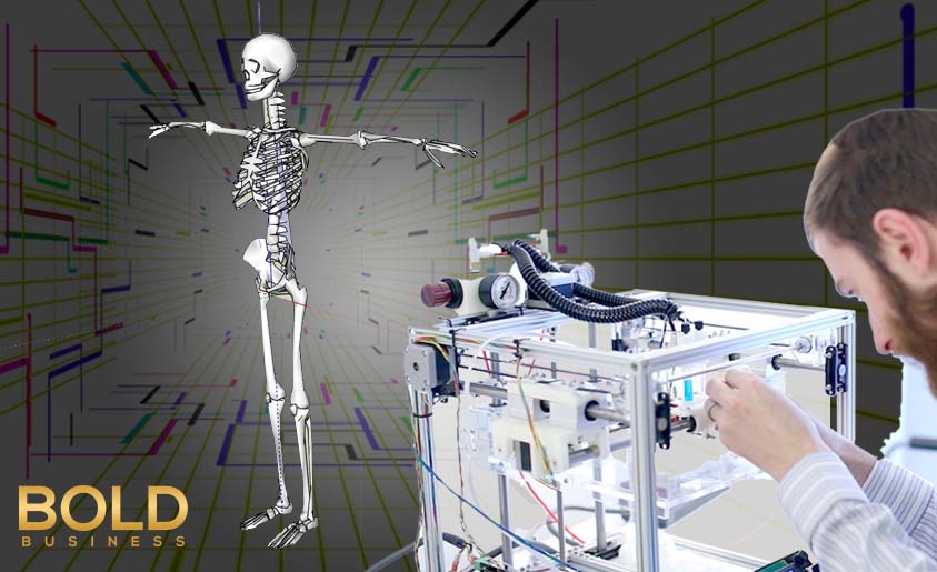 illustration showing a doctor or scientist operating a machine that's linked to a standing human skeleton with its arms stretched sideways amid the talks about 3D printed bones an illustration showing a doctor or scientist operating a machine that's linked to a standing human skeleton with its arms stretched sideways amid the talks about 3D printed bones