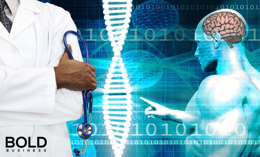 a photo of a DNA strand, brain diagram and doctor with his arms crossed and with one hand holding a stethoscope, depicting the idea that a big discovery in relation to glioblastoma gene mutation has been found