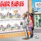 Cartoon of parents in front of a store window displaying babies with tags like 