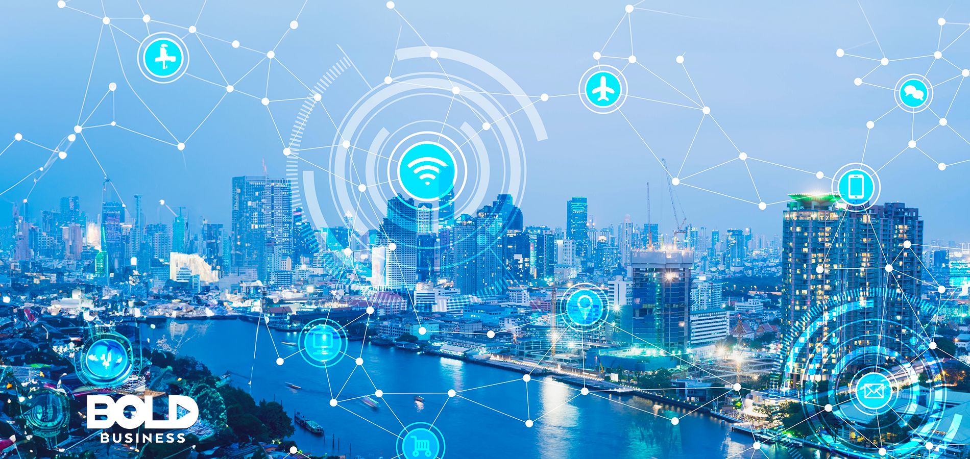 City skyline with connectivity icons