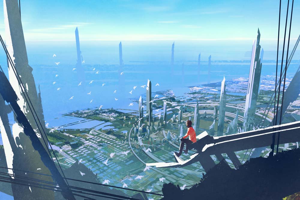 a photo showing an illustration of a a future city with technology offered by companies like Flower Turbines