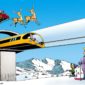 Hyperloop above a ski run in Colorado with Santa' sleigh in sky