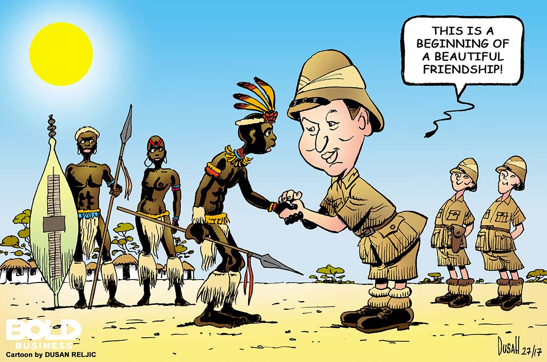 Cartoon of Chinese investment in africa, shaking hands with a Zulu