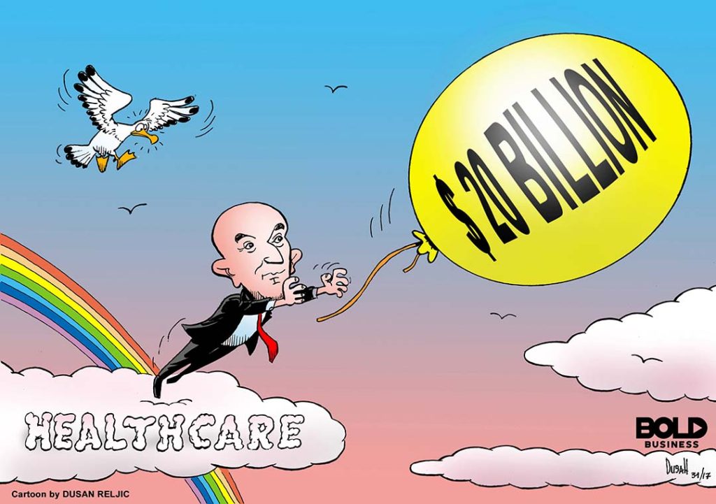 cartoon of Jeff Bezos standing atop a cloud with the label "HEALTHCARE" while trying to grab a $20-billion balloon, symbolizing Amazon inching closer toward having that amount in annual revenue even at this time it's looking into cloud computing for health services as it partners with Cerner