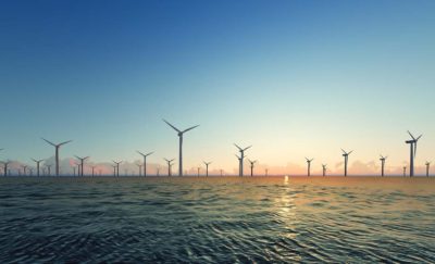 graphic of an offshore wind farm viewed from land