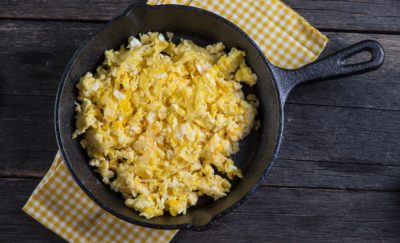 Egg Free Scrambled Eggs Sample in a Cast Iron Pan