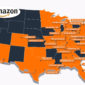 a photo showing the map of the United States with the states included in the Amazon HQ2 shortlist highlighted and an Amazon logo placed on the top left corner
