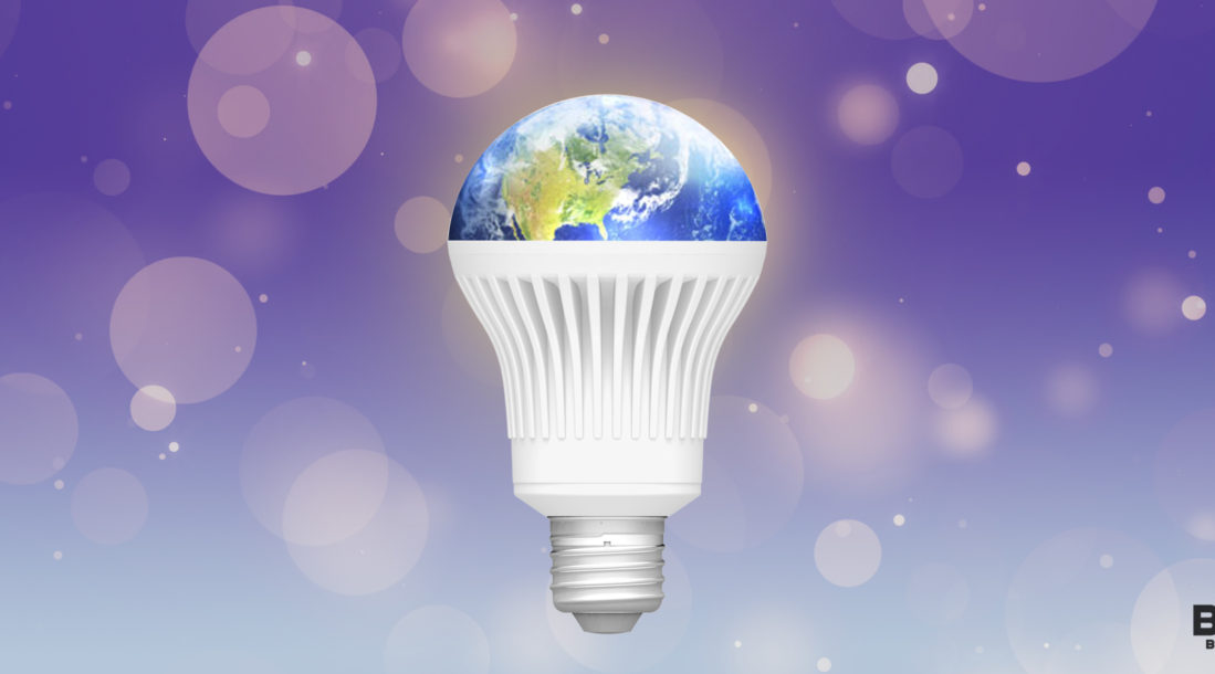 LED Light Pollution Illuminates Problems: How Bright Is Too Bright? an image of a globe in the top portion of a LED light bulb in connection to the topic of LED light pollution