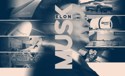 Elon Musk profile image over a mosaic of his products