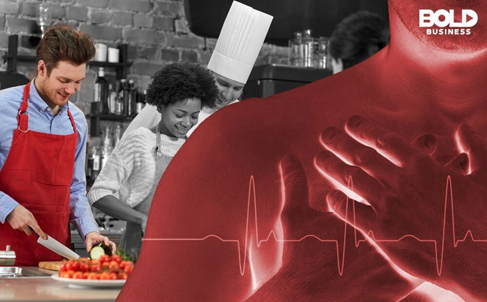 a photo of people participating in heart-healthy cooking classes overlaid with an image of heartbeat diagram and x-ray image of a man's chest