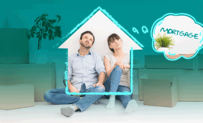 couple sitting on the floor with boxes with mortgage thought bubble - why not try digital mortgage platform?