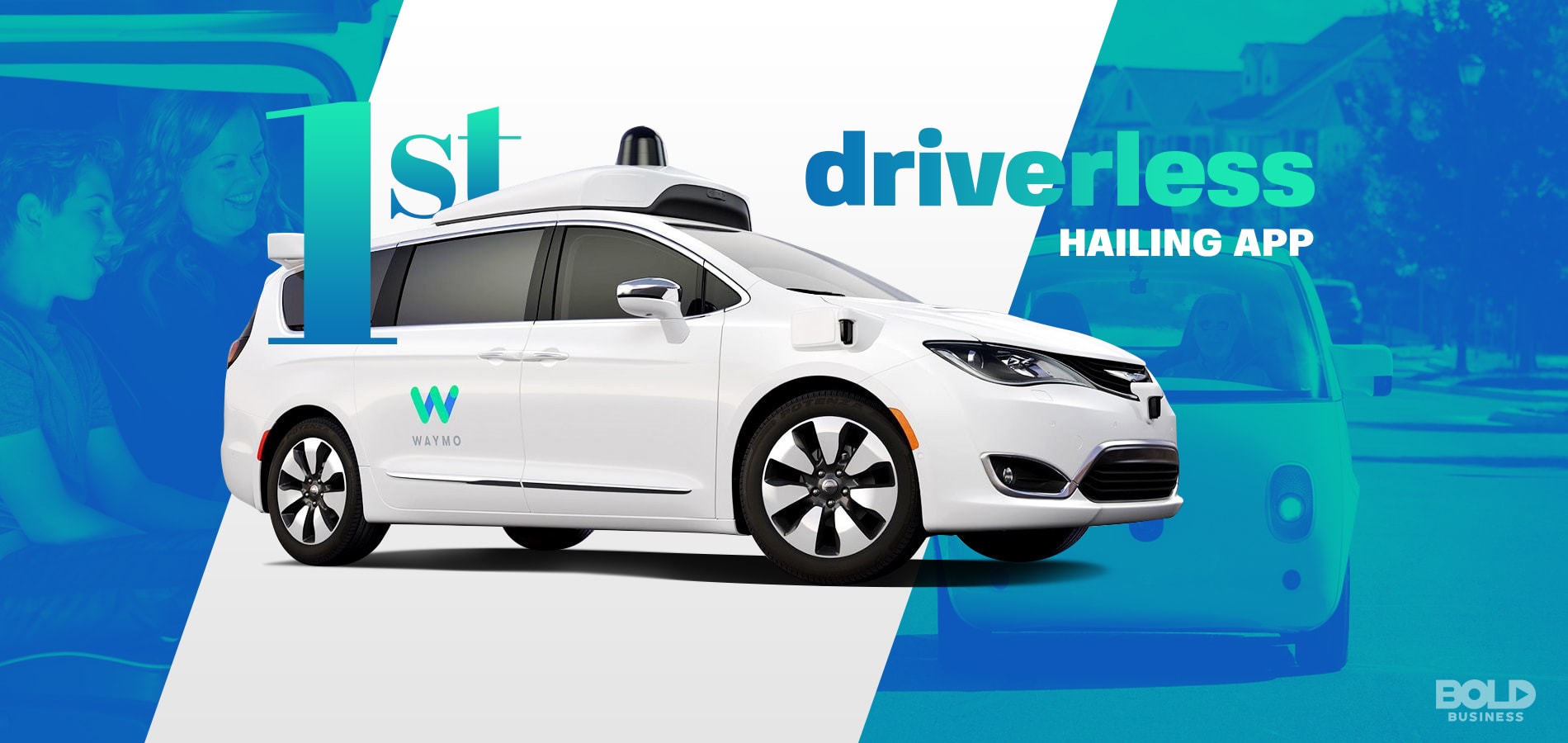 picture of a Pacifica minivan with the words "1st driverless ridesharing app" around it - driverless ride-hailing service