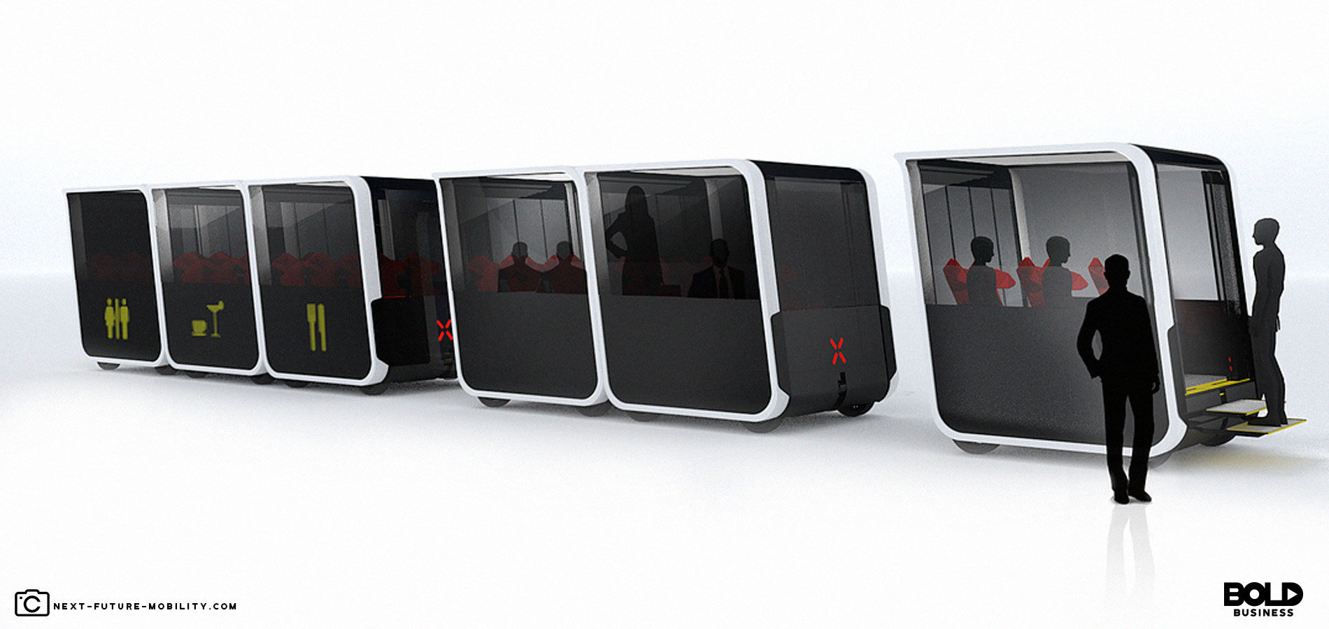 Rendering of a string of driverless mass transit "pods" - The NEXT Transportation