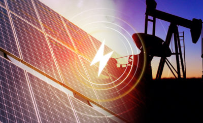 a photo of a solar panel sitting in front of the silhouette of an oil rig in connection to the topic of GlassPoint Solar enhanced oil recovery tech