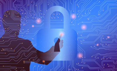 silhouette of a man touching a lock on a screen, an illustration of honeywell cybersecurity sytem
