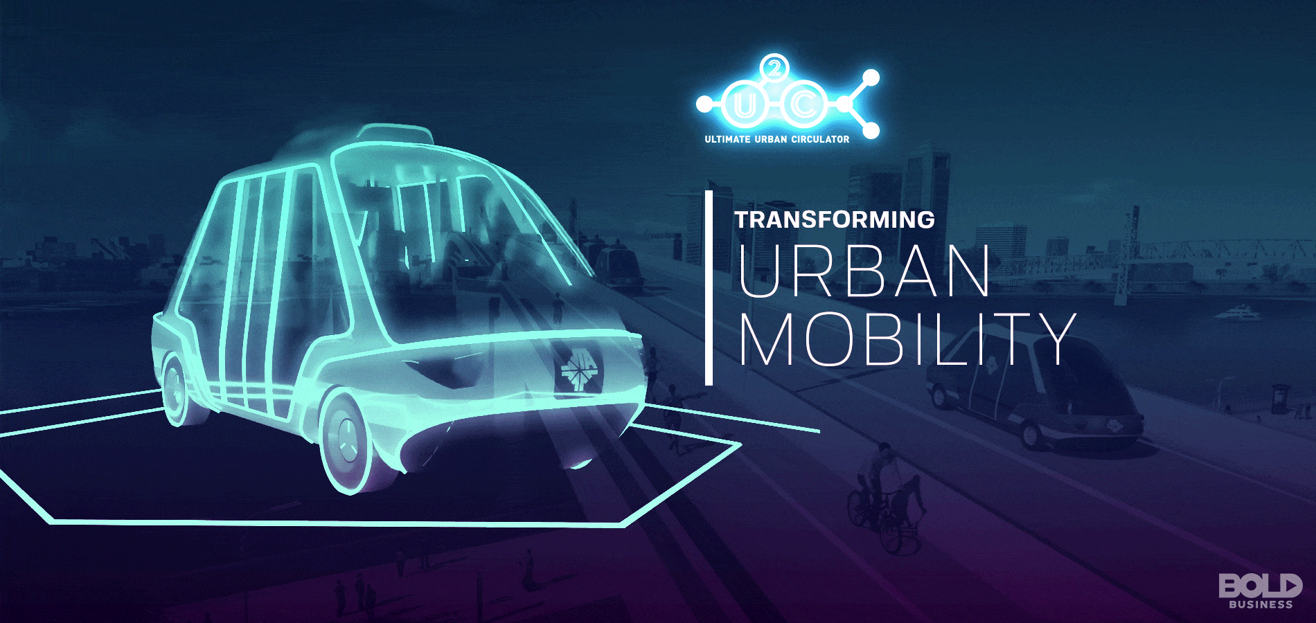 a neon drawing of a shuttle vehicle with the words "urban mobility.' - jta transportation