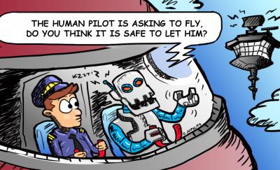 cartoon of an airplane with a human and a robot pilot amid autonomous commercial aircraft
