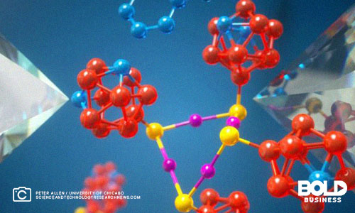 molecules connected to each other with two pieces of diamonds, one on the right and one on the left, amid the existence of the diamond anvil cell a photo of molecules connected to each other with two pieces of diamonds, one on the right and one on the left, amid the existence of the diamond anvil cell