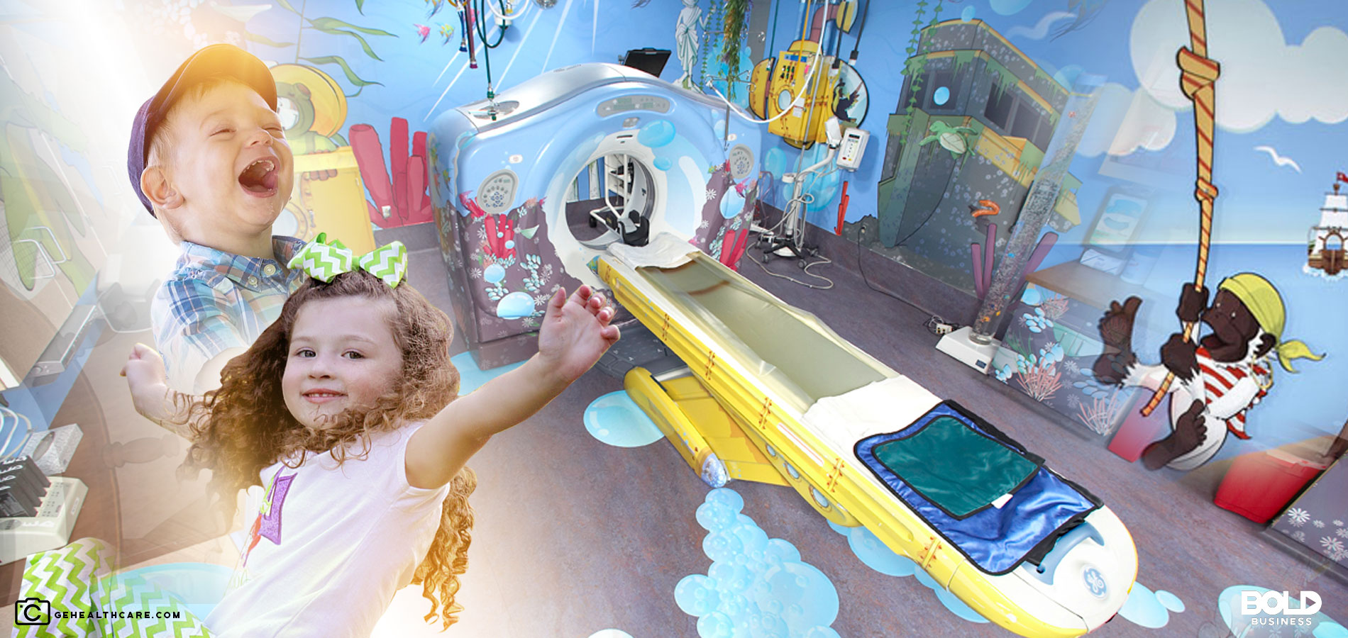 a photo of two smiling children beside an image of an MRI machine like one from the GE MRI Adventure Series