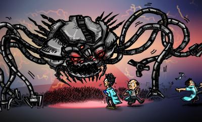 cartoon of a scary-looking spider robot with three scientists running away from it