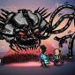 cartoon of a scary-looking spider robot with three scientists running away from it