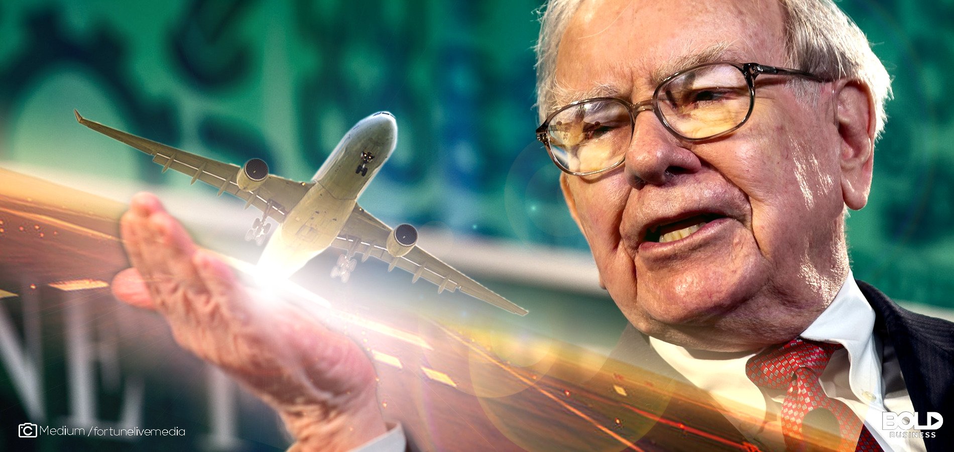 a photo of an airplane and a headshot of Warren Buffett amid the reality of the Warren Buffett Investment Strategy