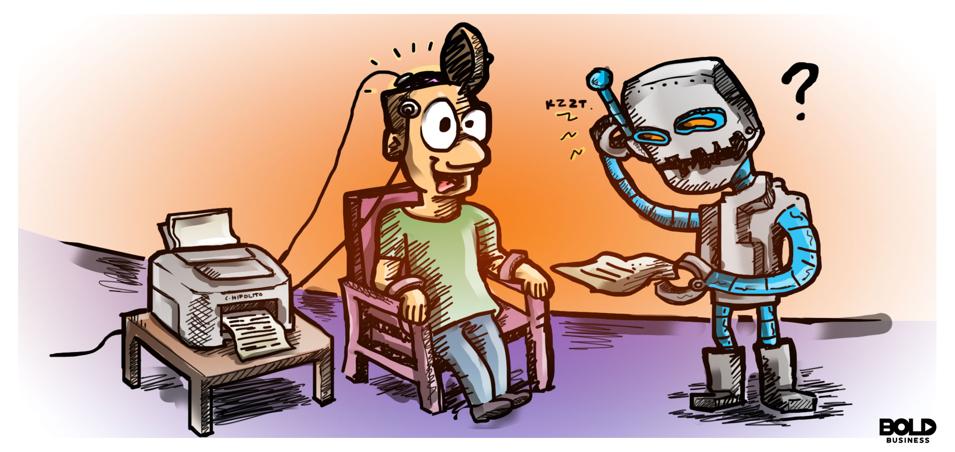 a cartoon of a paralyzed man who is using mind-reading technology with a robot trying to understand the text in a paper