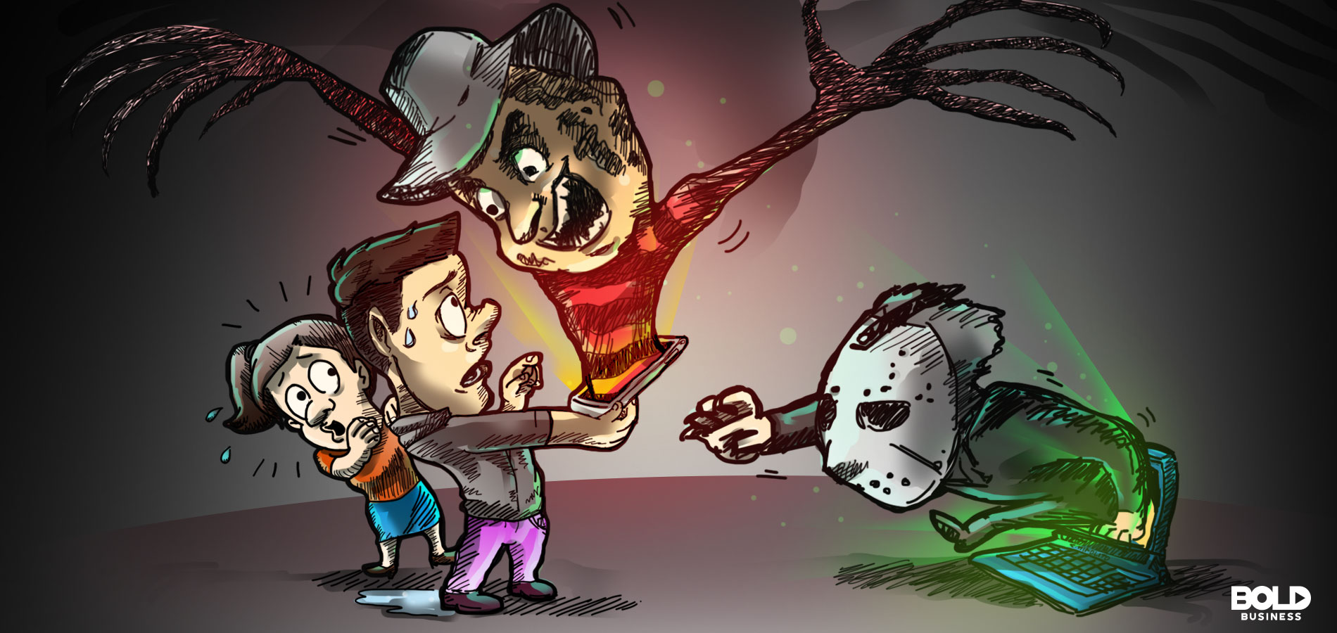 a cartoon of one girl and a boy who is using the cellphone , they are both scared on the information they saw