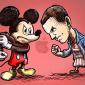 cartoon of Mickey Mouse facing off with Eleven of Stranger Things in the battle between Disney vs Netflix