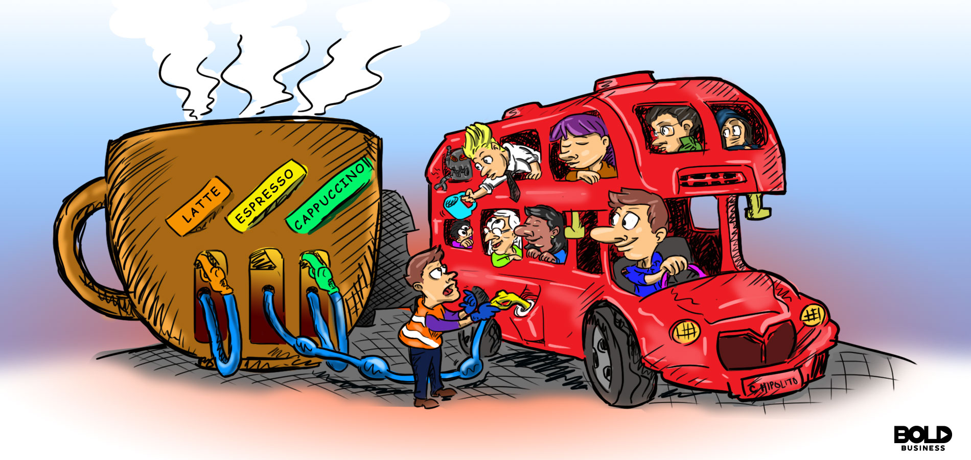 illustrated cartoon of coffee grounds biofuel powering up the engine of a double-decker bus