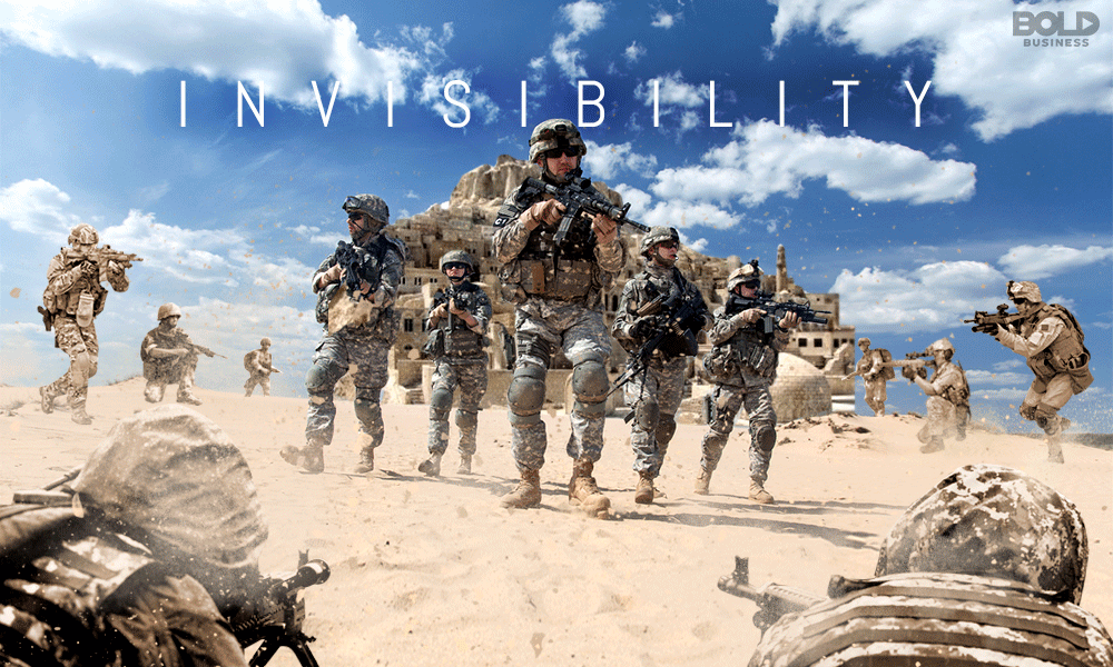 a GIF of the word "invisibility" and eight additional soldiers appearing alongside five static soldiers amid the rise of military invisible technology
