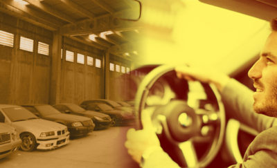 Split Image: dusty cars being stored in a garage on left, man driving an automobile on the right