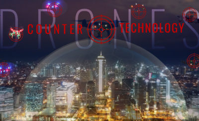 City skyline with targets aimed at drones flying overhead. Text reads 'Counter Technology'