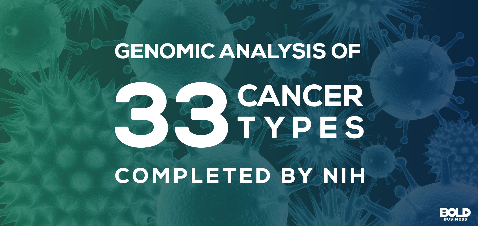 background image of gene mutations, text overlay that reads "Genomic Analysis of 22 Cancer Types Completed by NIH"