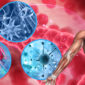 custom bold graphic of the human body and 3 illustrations of cancer cells