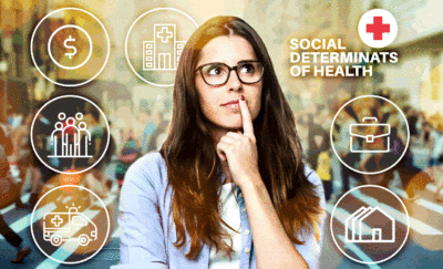 animated gif woman thinking with finger on lips and key social determinants of health symbols