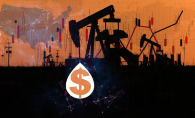 Custom Graphic featuring map of united states and oil drilling rig producing dollar sign